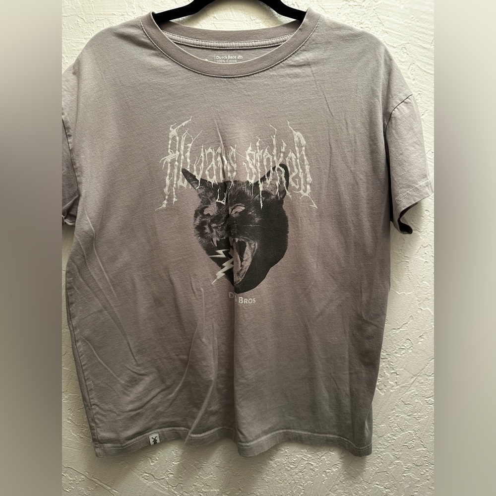 Women’s L “Always Stoked” Dutch Bros Electric Panther Graphic Tee
